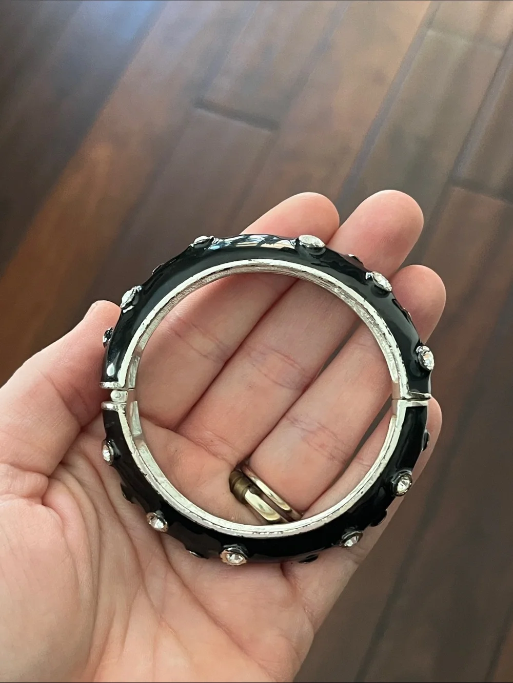 Kenneth Jay Lane Black Enamel Bangle with Clear Crystals